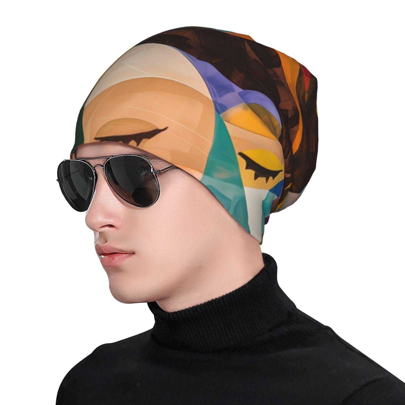 Beanie Cuffed Knit - Abstract Musical Faces Printed Knit Cuffed