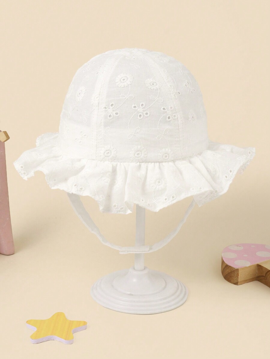 Bucket Hat Cotton - White Floral Embroidery Bucket Hat With